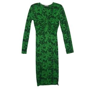 Zara‎  Dress Womens Medium Floral Bodycon Knotted Front Slit Sides Green